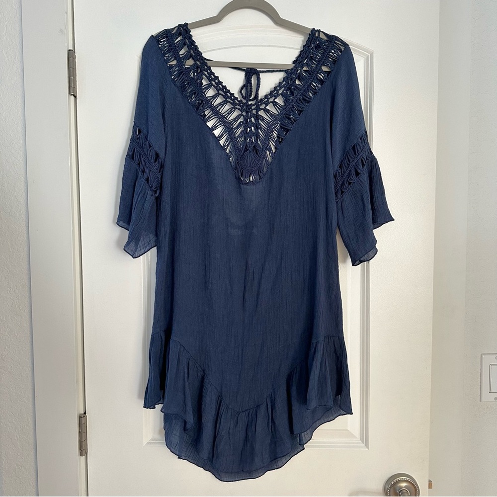 EKOUAER Womens Navy Blue Swim Cover Up Tunic Dress Beach Pool Crochet Size M